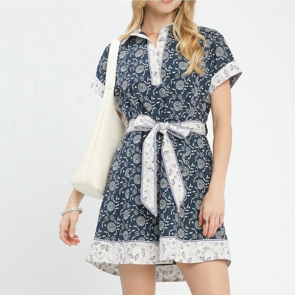 Umgee Border Print Belted Shirt Dress | 100% Cotton Polo Mini Dress sz Small